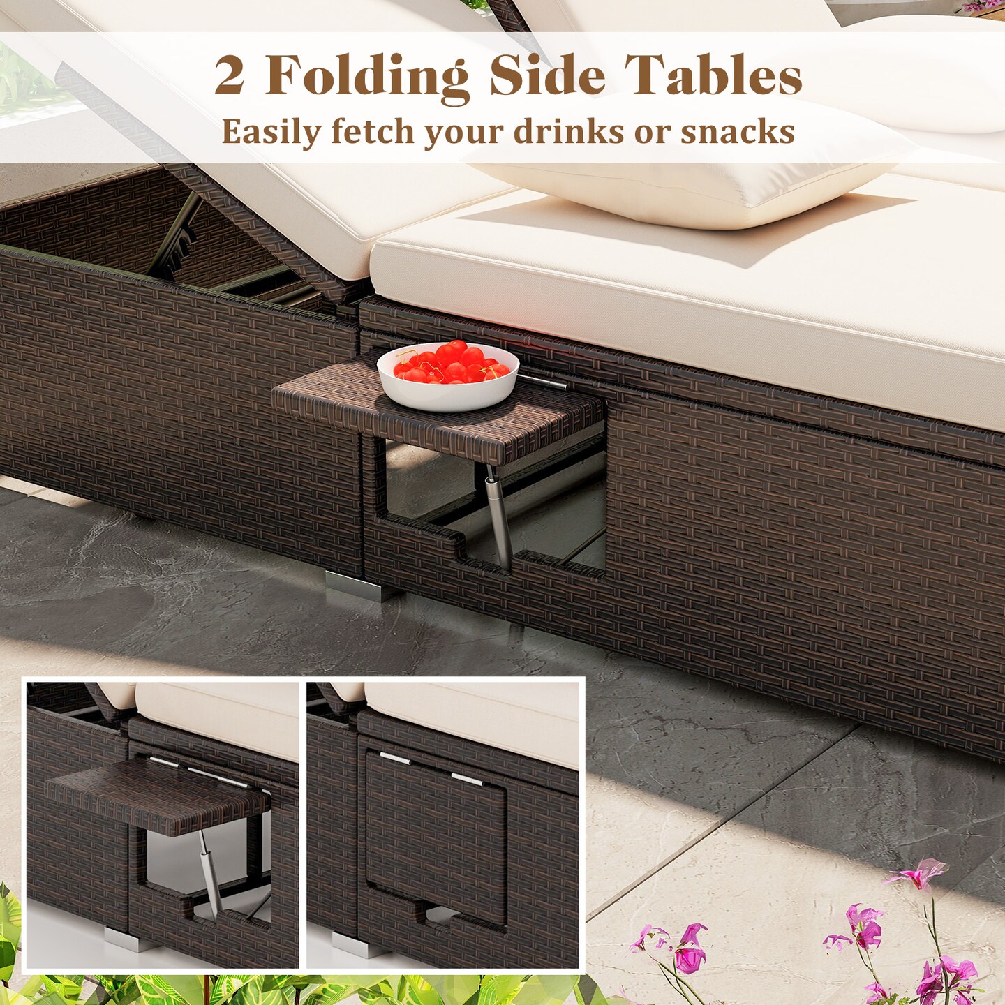 Outdoor Double Chaise Lounge PE Rattan 2 Person Adjustable Recliner Daybed Set Beige