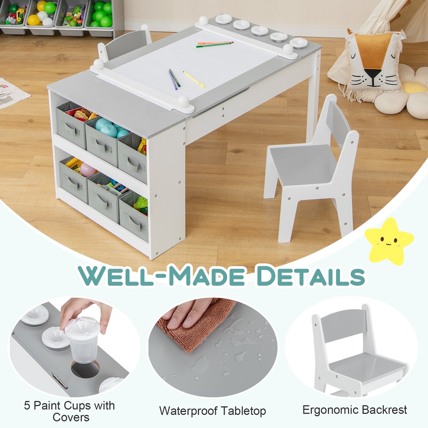 2-in-1 Kids Activity Table with Built-In Easel and Storage Boxes Removable Paint Cups