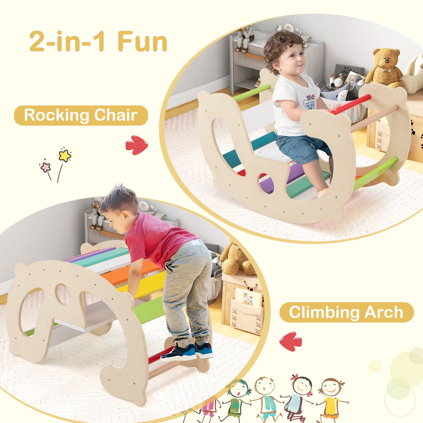 2-in-1 Rocking Horse Arch for Kids Montessori Climbing Toys with Arch Climbet - 31.5" L x 16.5" W x 19" H