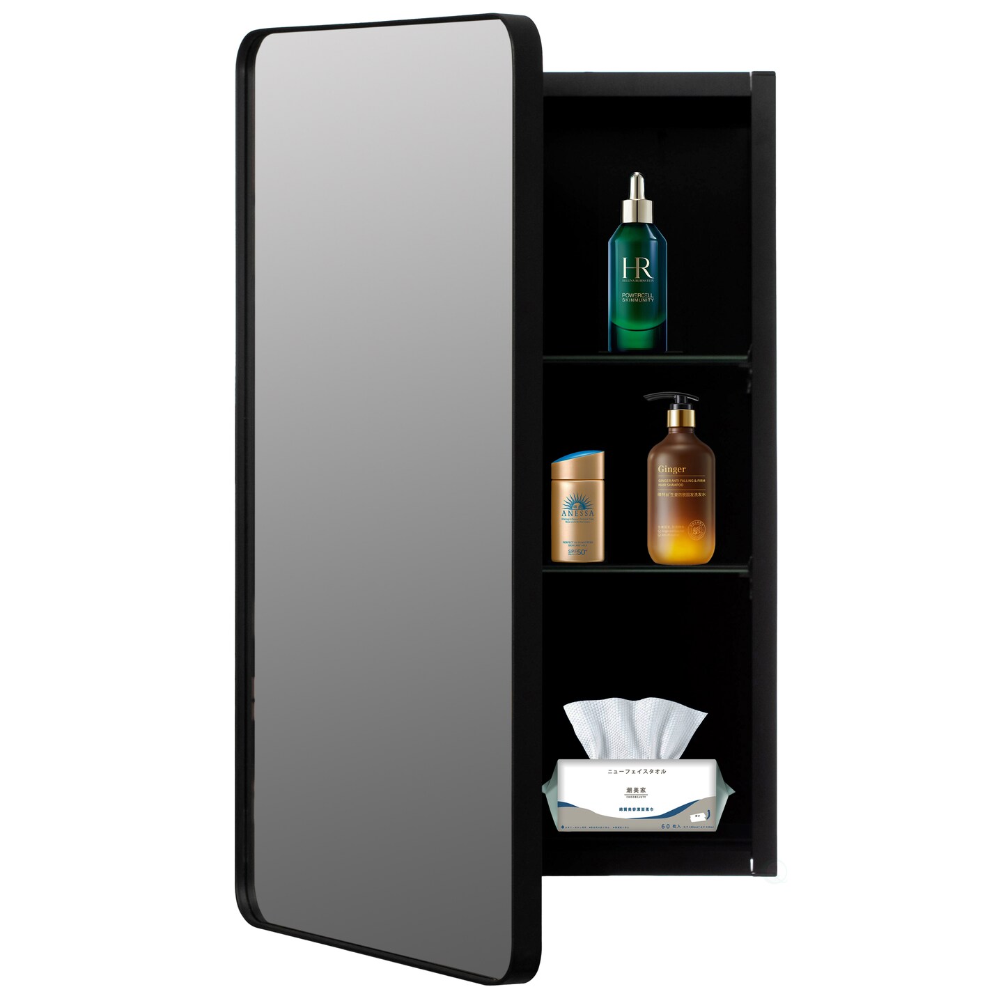 Basicwise Multi-Purpose Aluminum Bathroom Storage Medicine Cabinet - Beveled Edge Mirror and Sleek Round Corner Frame with 2 Adjustable Shelves, Recessed or Surface Mount Installation, Black Finish