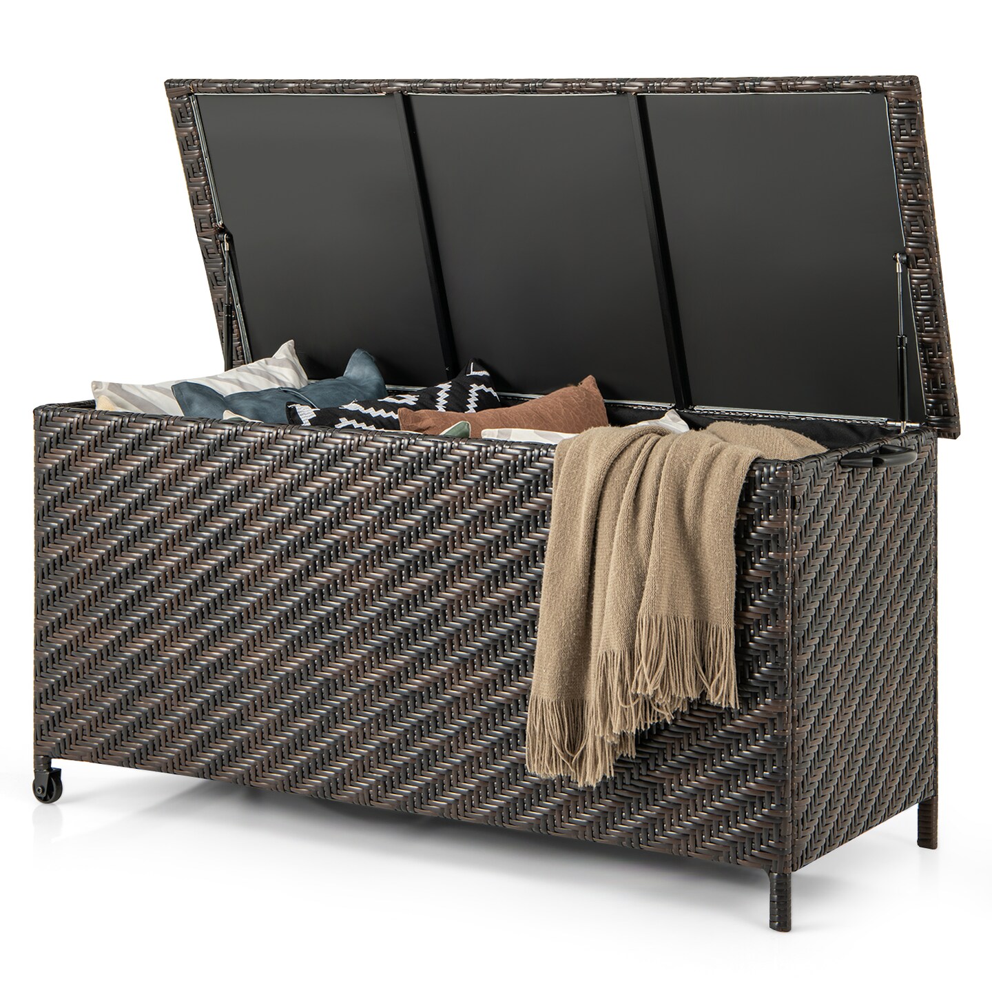 Outdoor Storage Box 85 Gal Rattan with Removable Liner and Universal Wheels