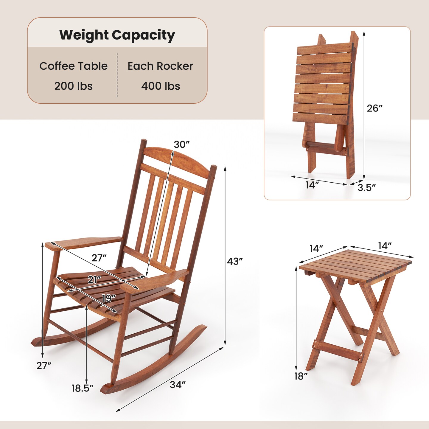 3-piece Outdoor Poplar Wood Rocking Bistro Set - 14&#x22; x 14&#x22; x 18&#x22; (L x W x H)