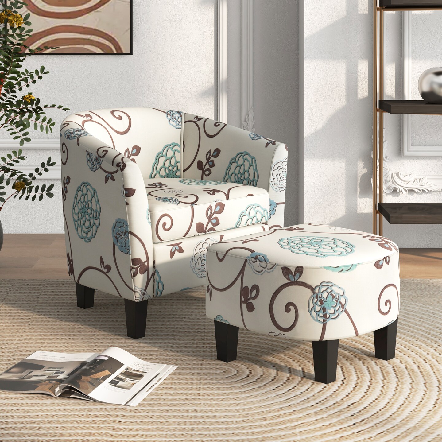 Modern Accent Tub Chair and Ottoman Set with Fabric Upholstered - 28" x 25" x 29" (L x W x H)