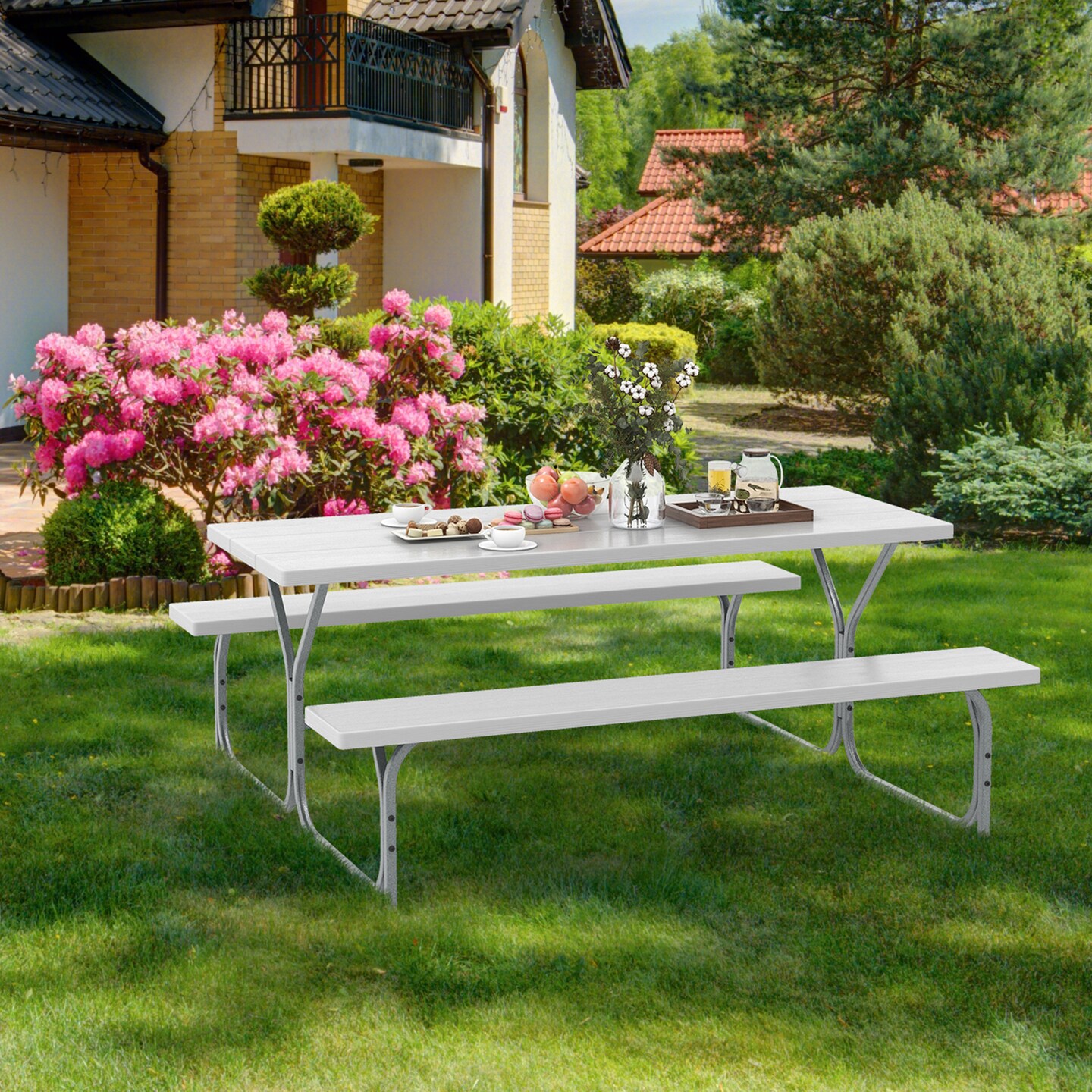 6 FT Picnic Table Bench Set Dining Table and 2 Benches with Metal Frame and HDPE Tabletop