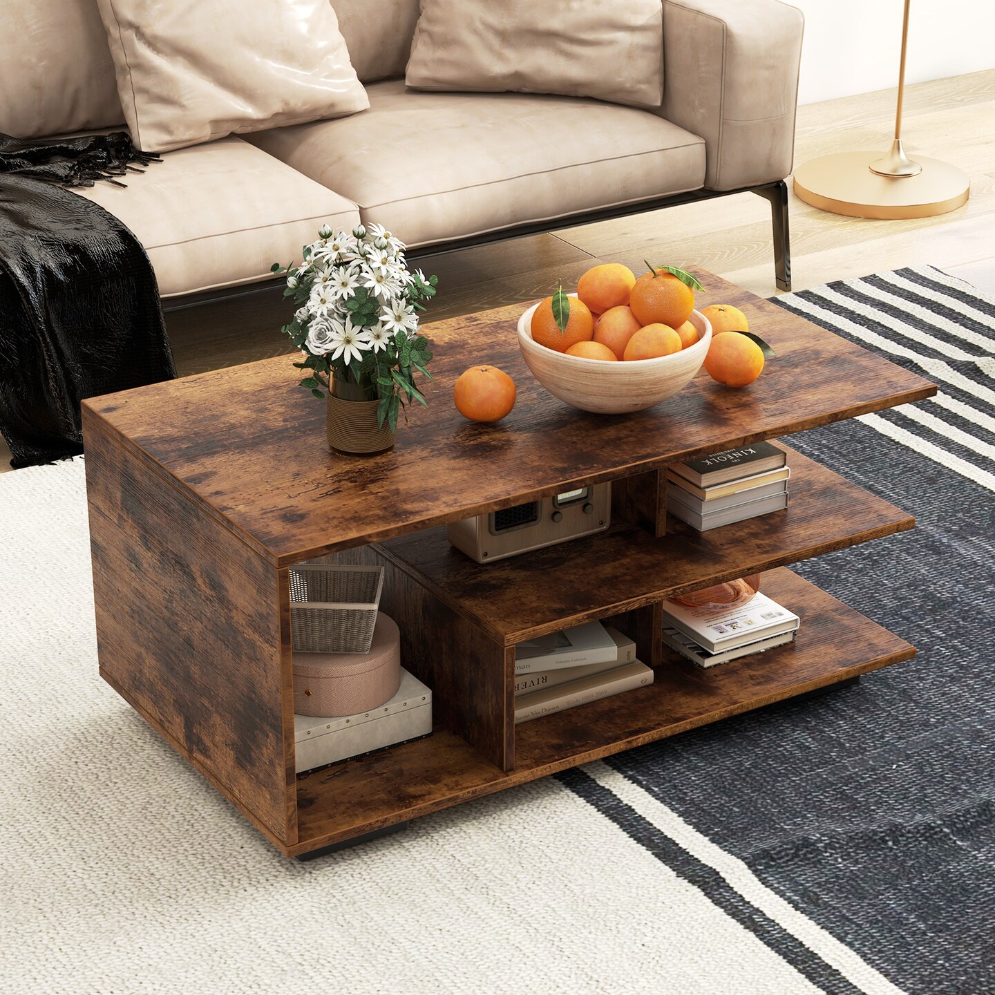 Rectangular Coffee Table with L-shaped Middle Shelf - 35.5" x 19.5" x 16.5" (L x W x H)