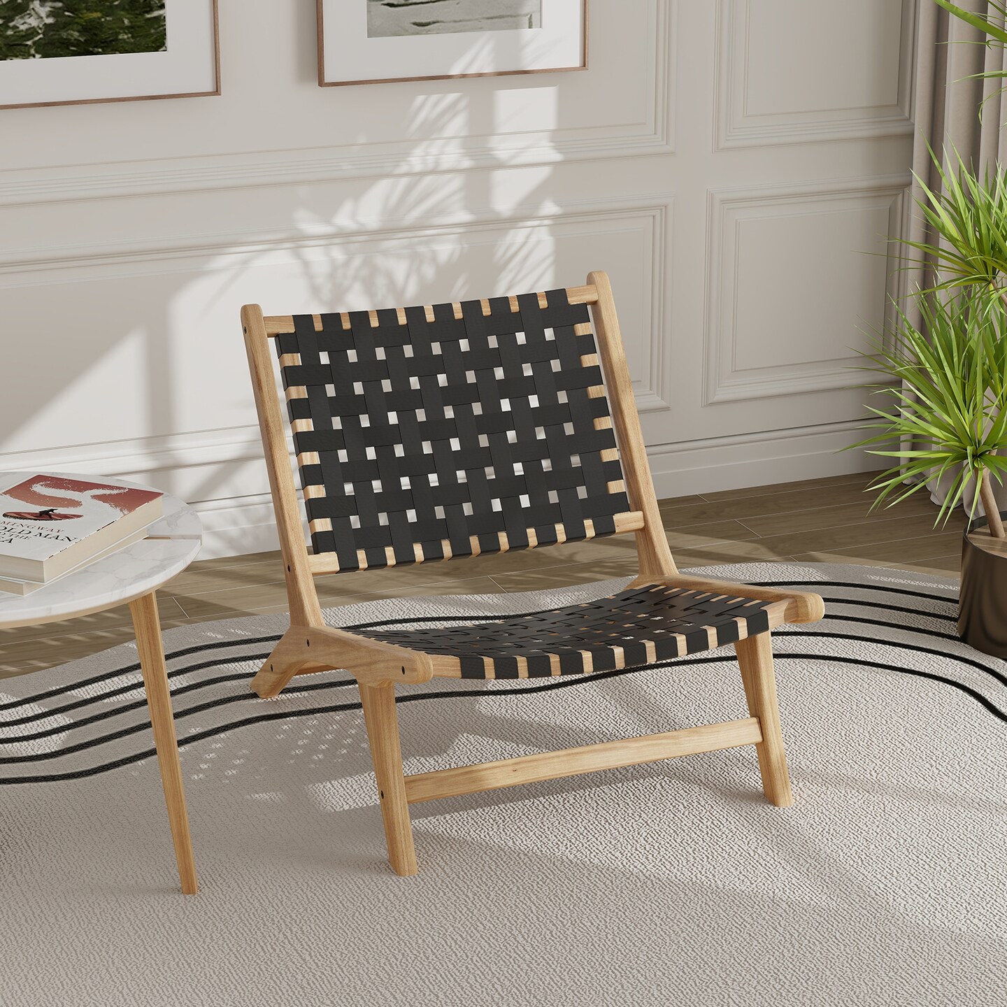 Armless Teak Wood Lounge Chair with Durable Nylon Woven Backrest - 25.5 L x 32 W x 27.5 H