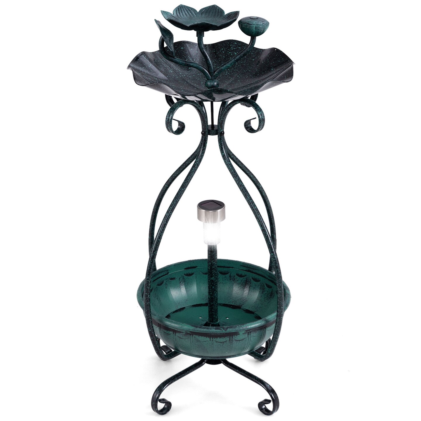Solar Outdoor Bird Bath Feeder Combo with Flower Planter Pedestal and Solar Lights