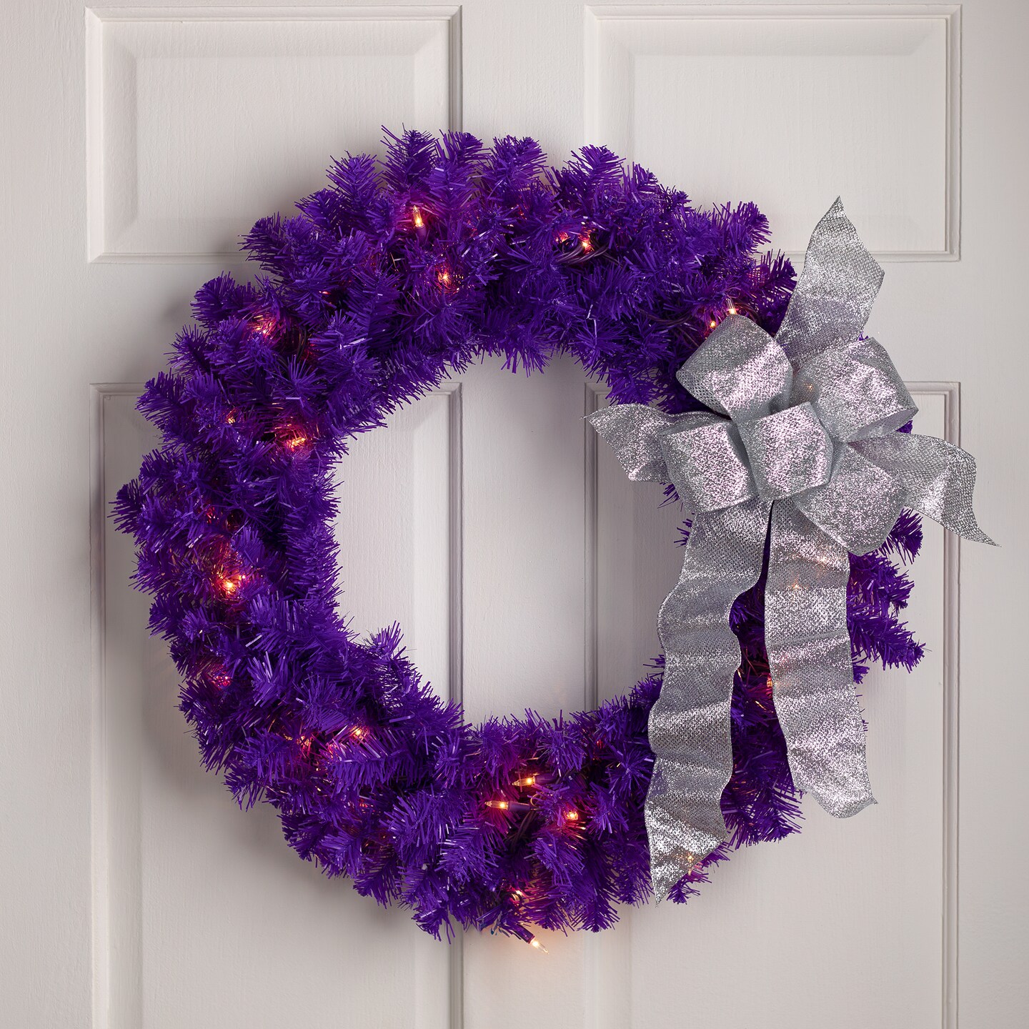 Northlight Pre-Lit Artificial Pine Christmas Wreath - 24&#x22; - Purple - Clear Lights