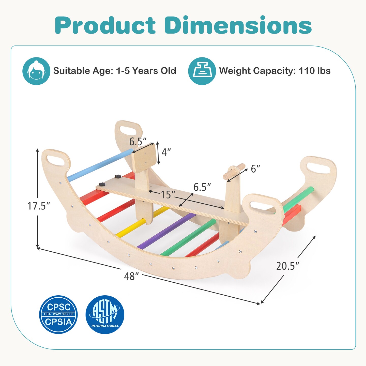 4-in-1 Multifunctional Wooden Climbing Toys with Rocker and Crawling Tunnel - 48" x 20.5" x 17.5" (L x W x H)