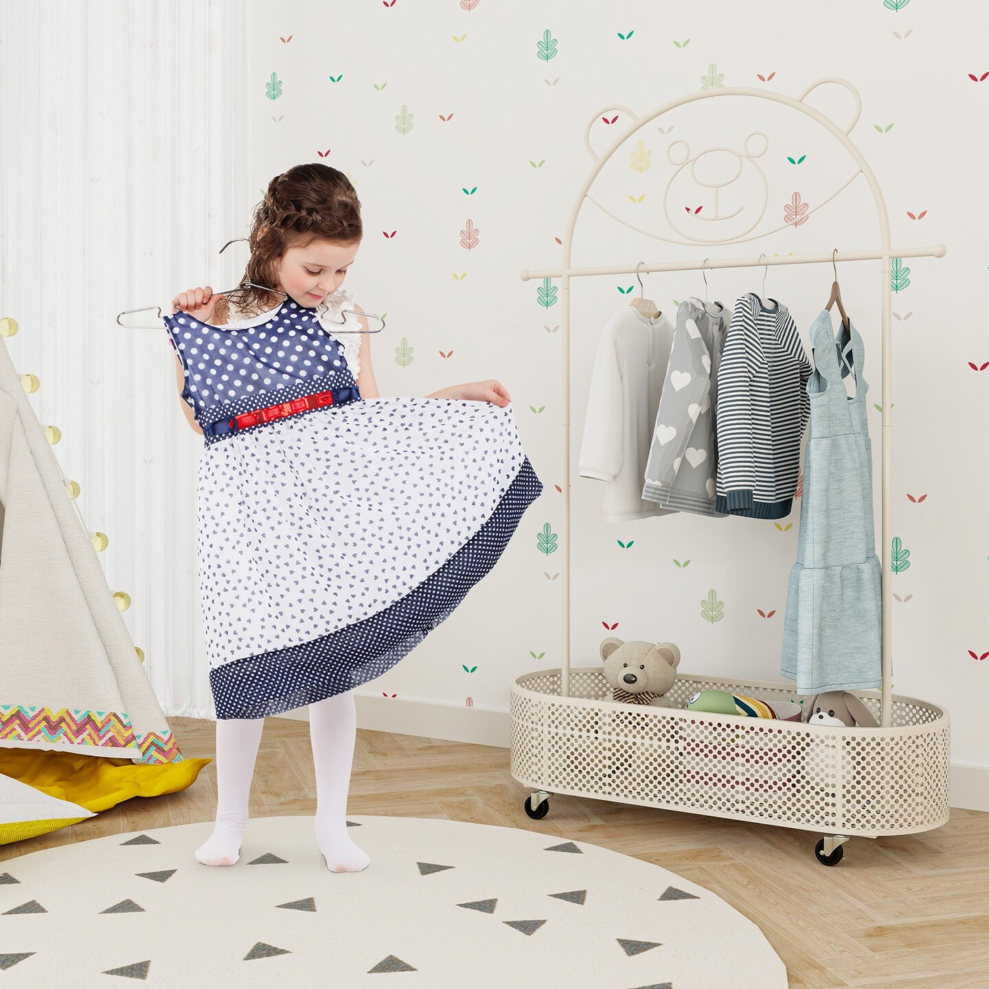 Kid Clothes Rack with 3 Adjustable Heights and Wheels - 32"L x 13.5"W x 72"H