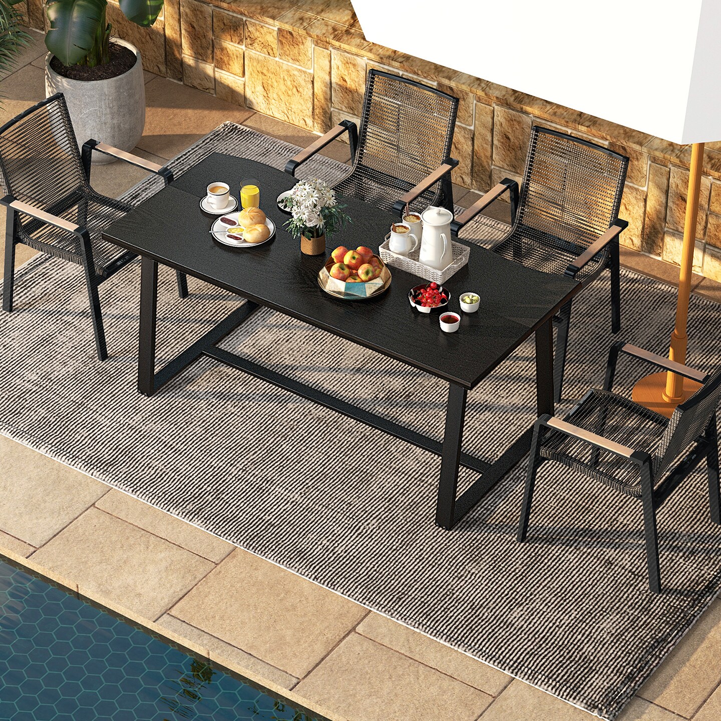 63" Large Dining Table with Wavy Edge and Heavy-duty Metal Frame - 63"L x 31.5"W x 31.5"H