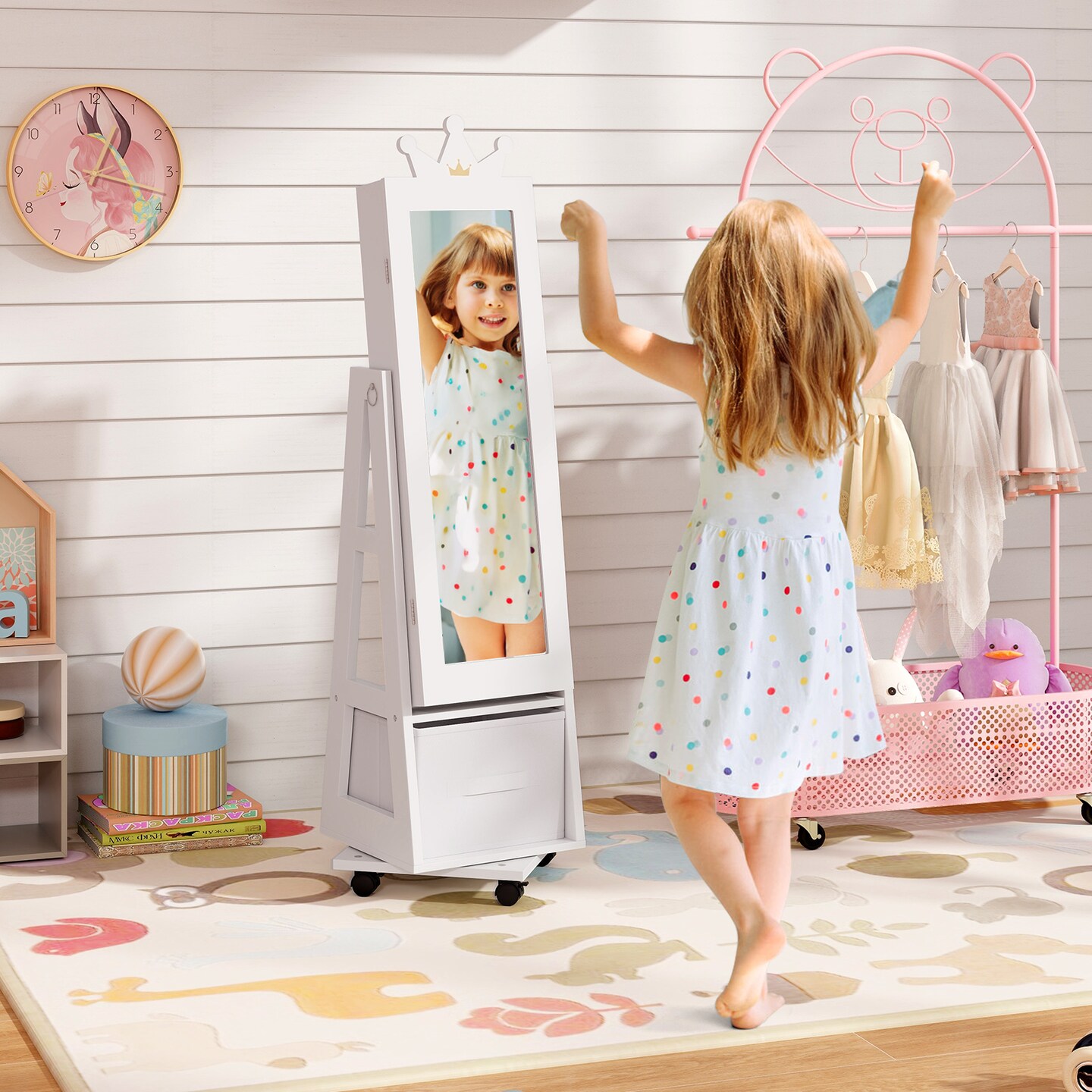 Kids Jewelry Armoire Cabinet with Swivel Base and Lockable Universal Wheels
