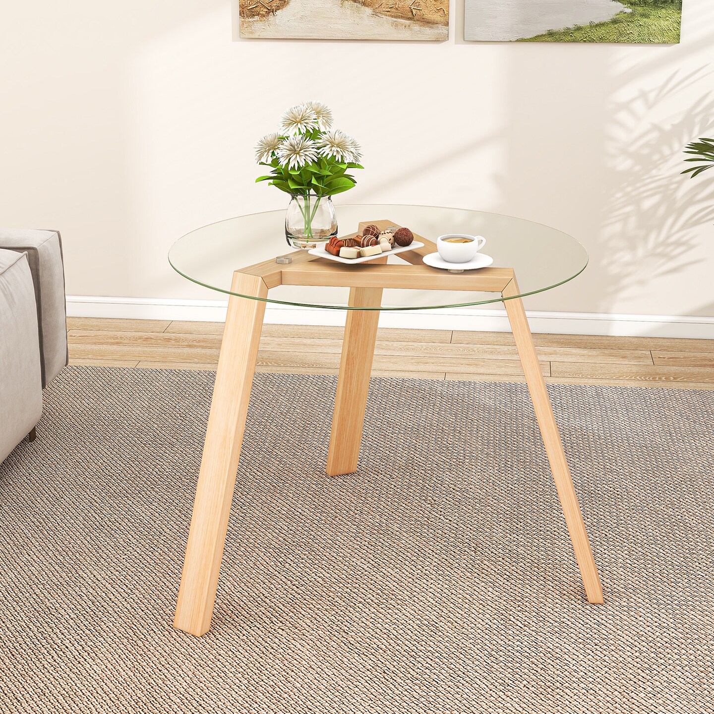 36 Inches Round Glass Dining Table for 4 with Rubber Wood Frame-Natural - 36&#x22; x 36&#x22; x 29&#x22;