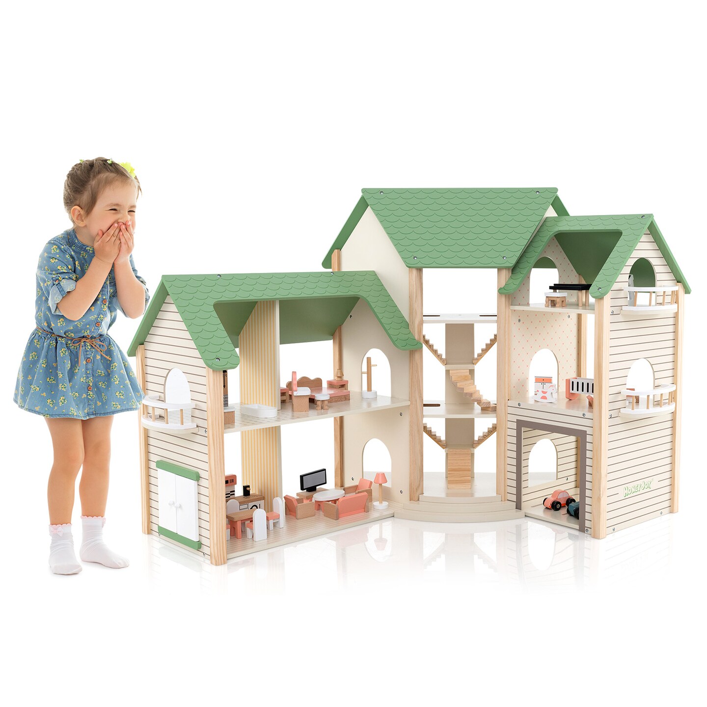 Wooden Corner Dollhouse Playset with 6 Rooms and 36 Pieces for Kids 3+ Years Old - 34&#x22; x 14.5&#x22; x 32.5&#x22; (L x W x H)