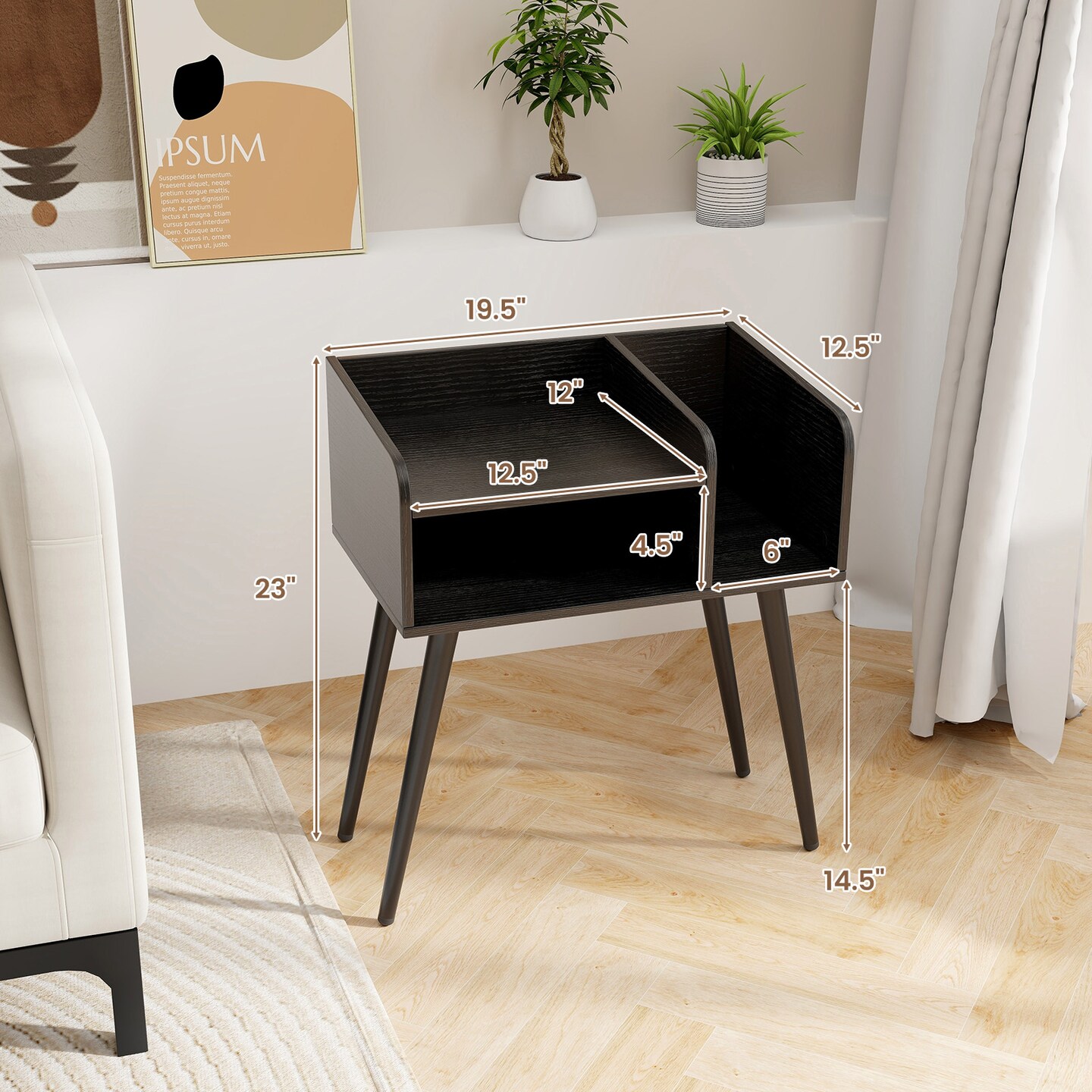 Mid Century Modern Nightstand  with Open Shelves