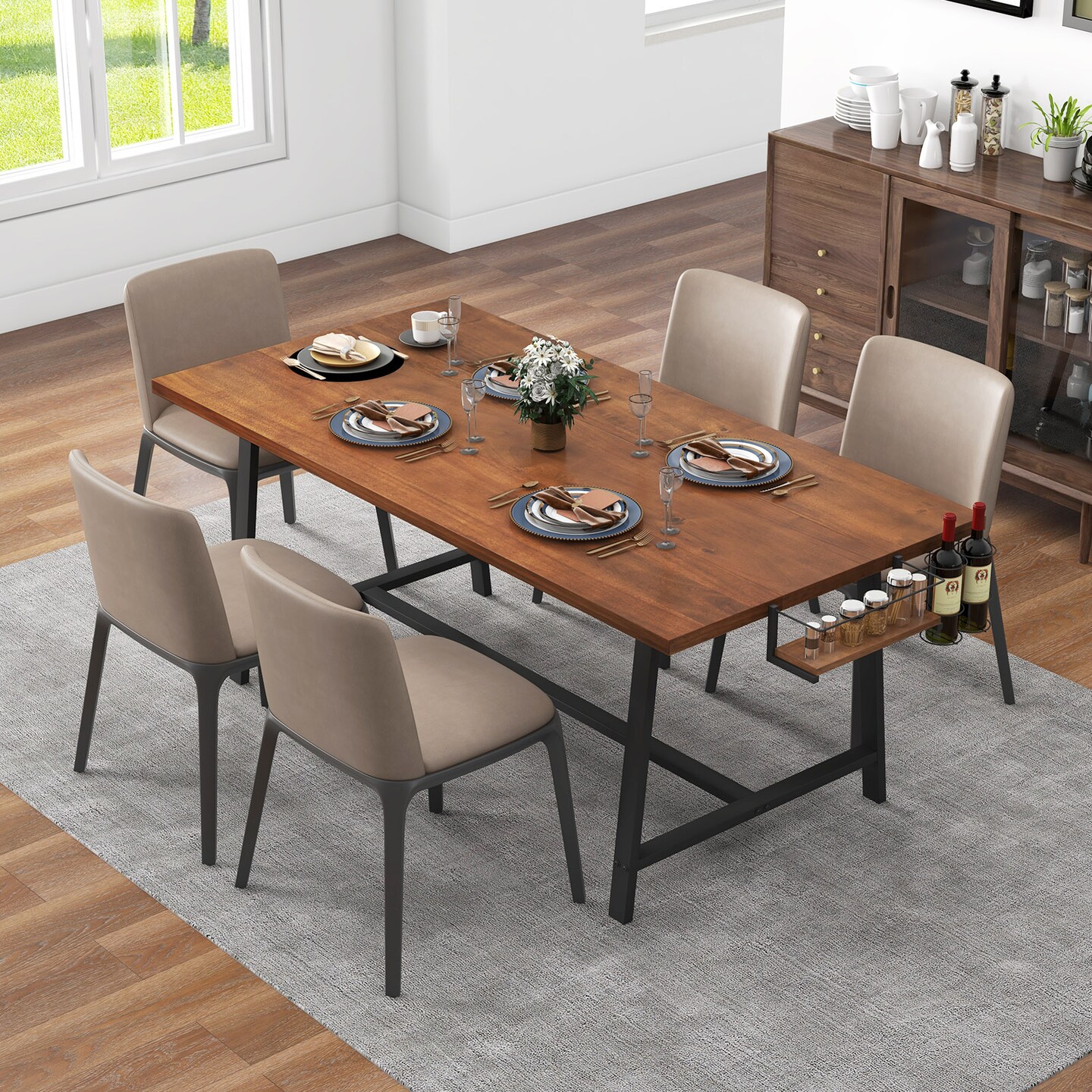 72 Inch Dining Table Rectangular Kitchen Table with 2-Bottle Wine Rack for 5-7
