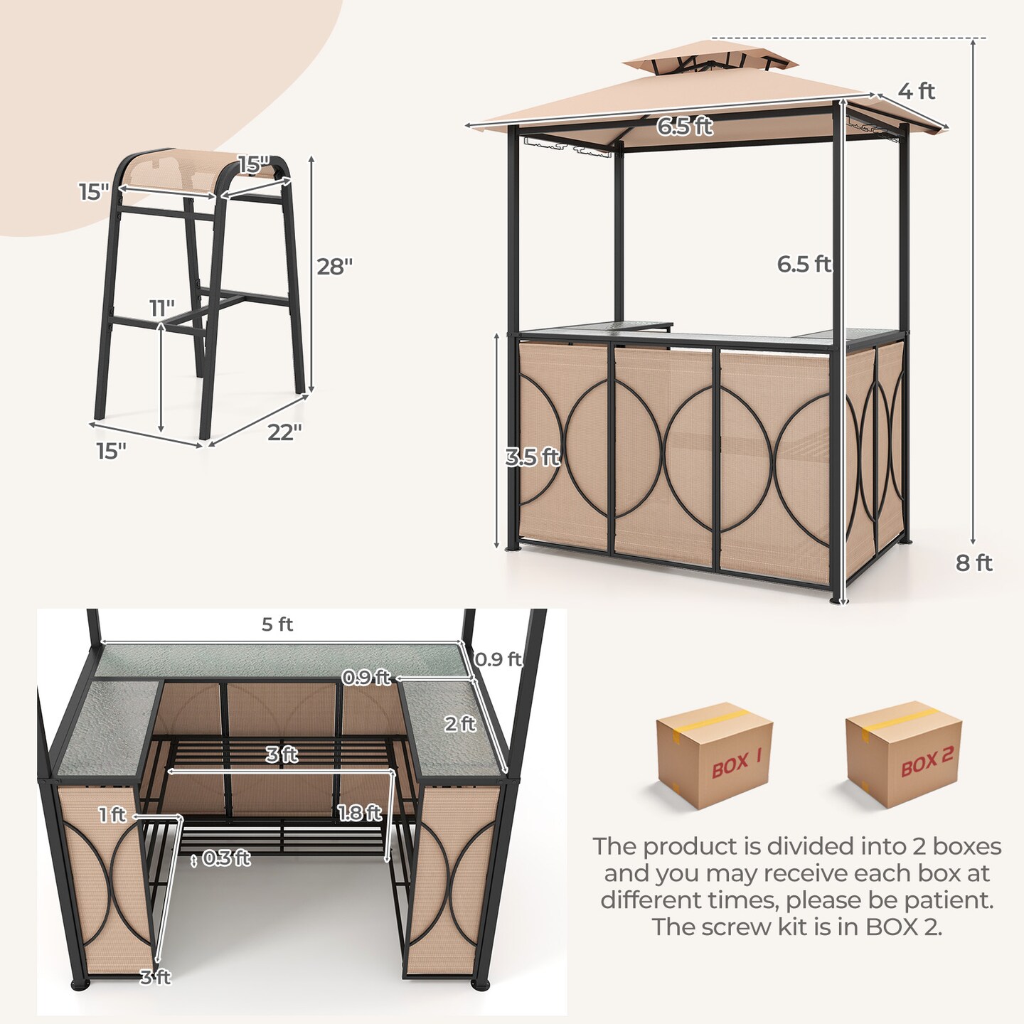 3-Piece Patio Bar Set Grill Gazebo &#x26; 2 Bar Stools with Tempered Glass Bar Table