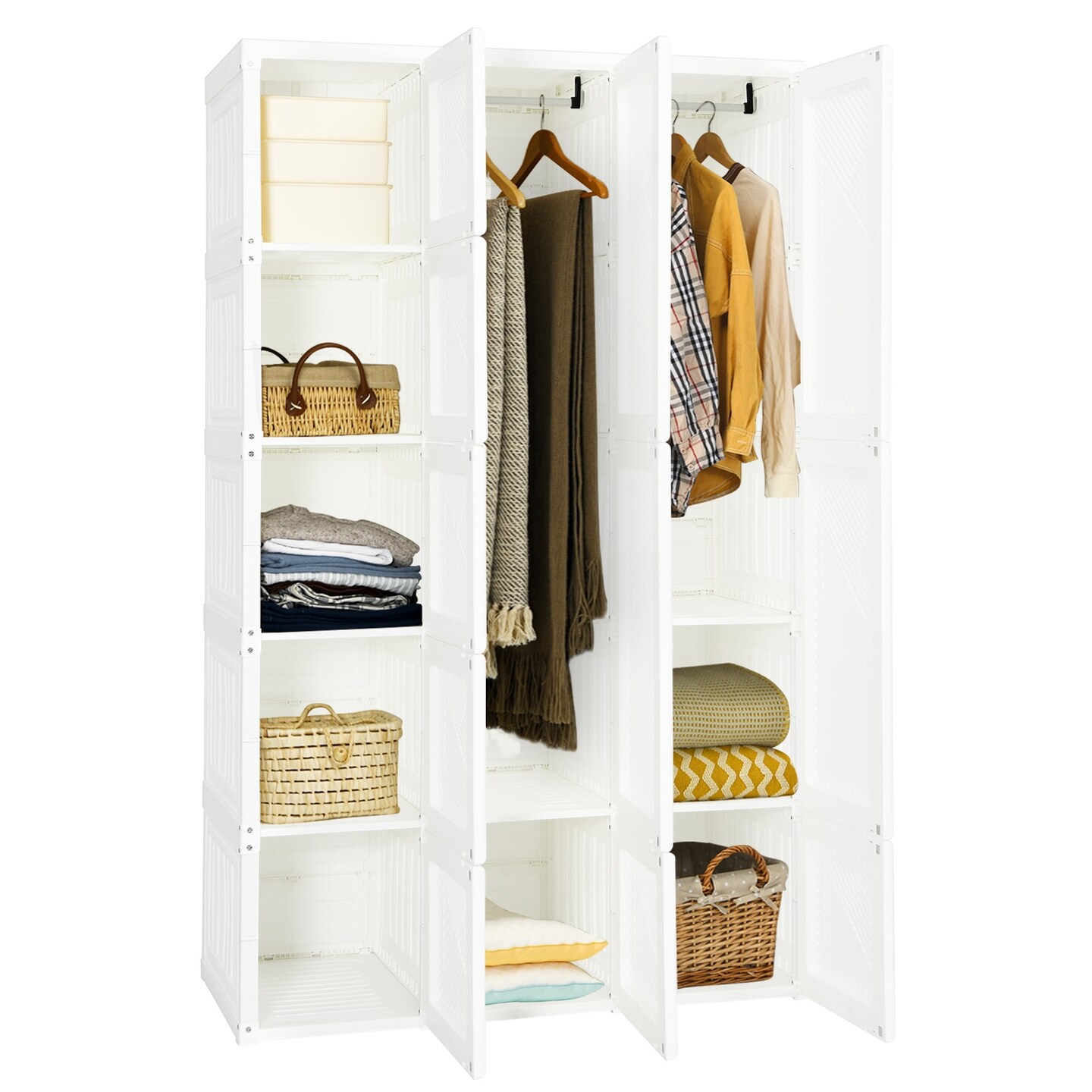 White ABS Foldable Armoire Wardrobe Closet with 2 Retractable Rods and 10 Cubes