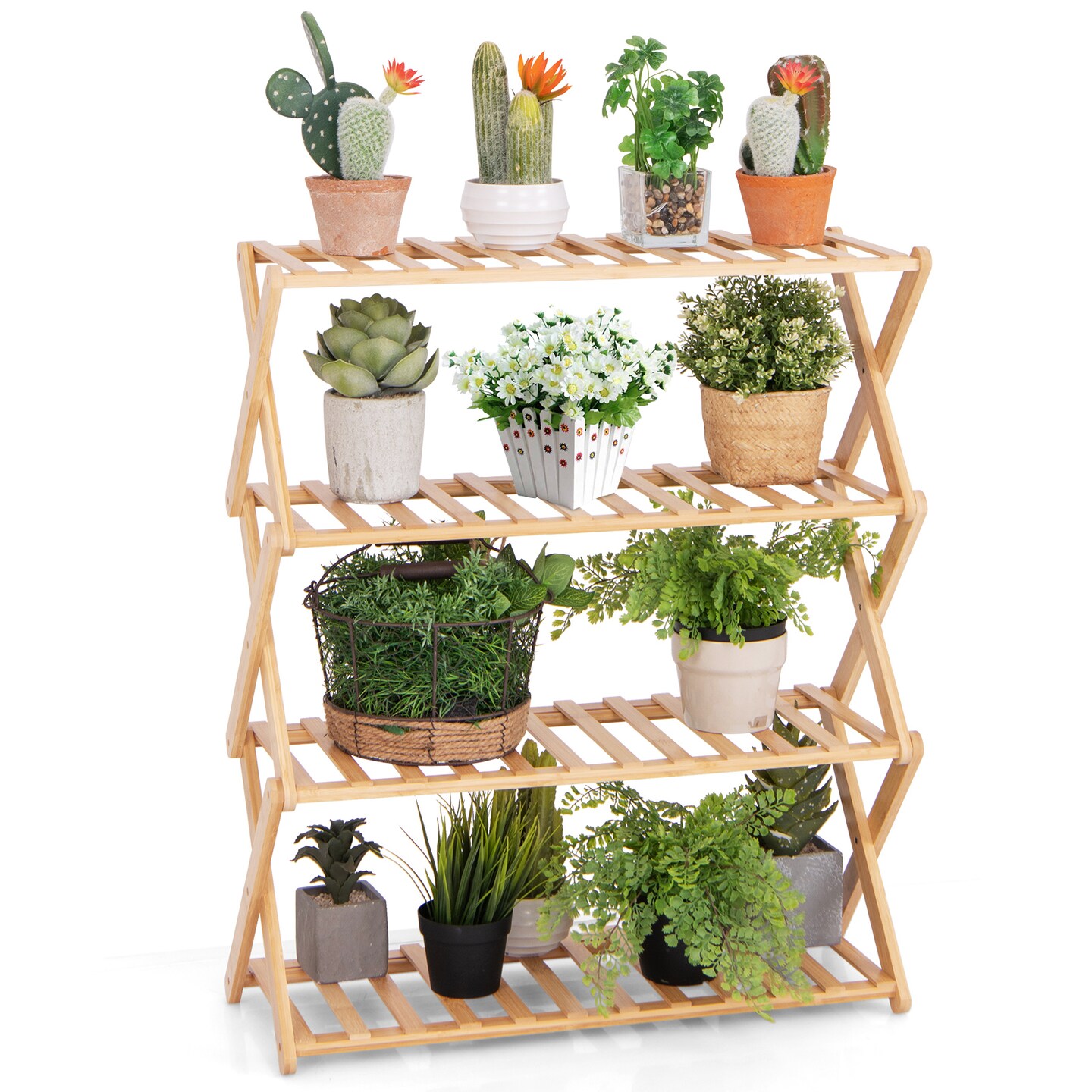 4-Tier Foldable Wicker Shoe Rack with Slatted Shelves - 27&#x22; x 10&#x22; x 32&#x22; (L x W x H)