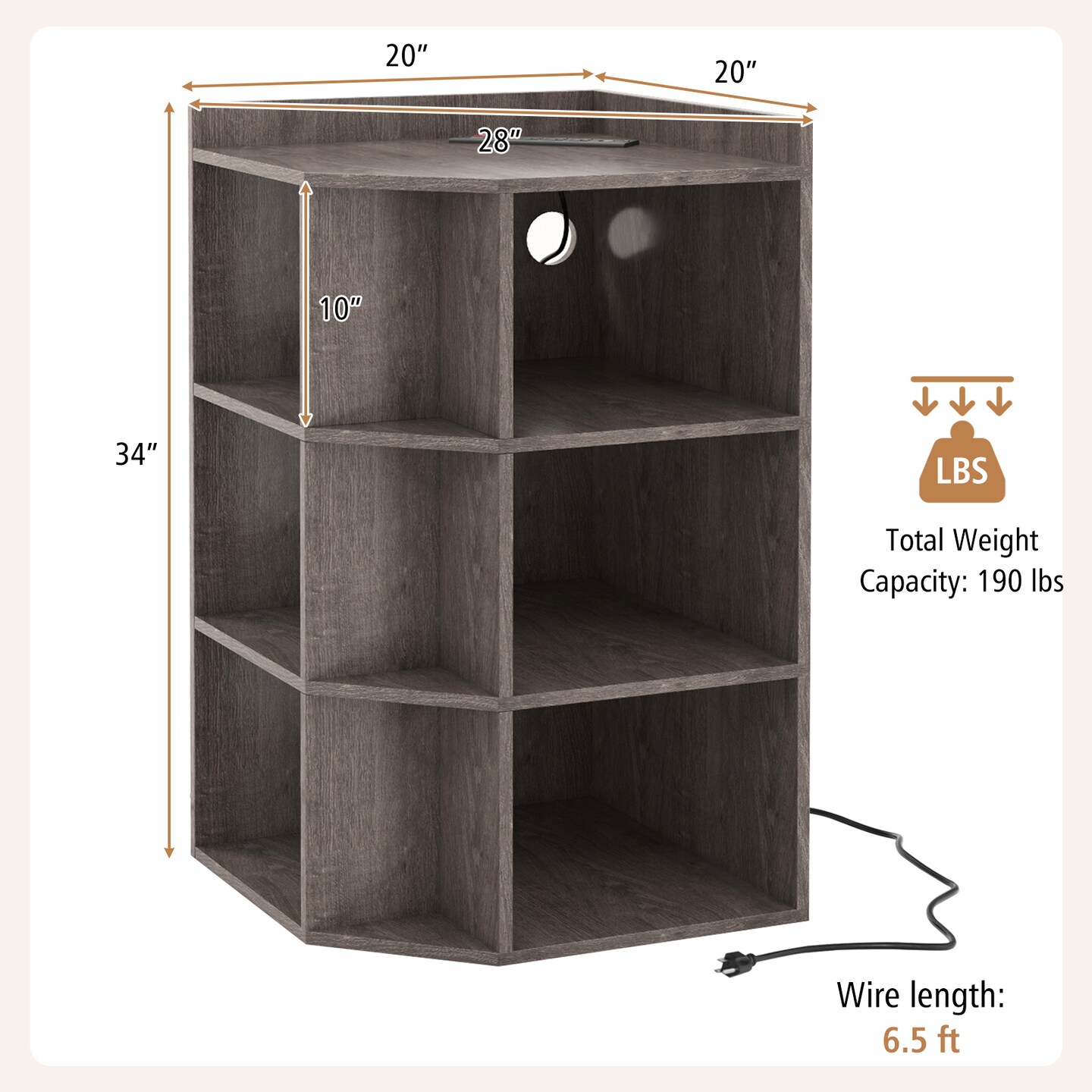 3-Tier Corner Cabinet with Charging Station for Bedroom