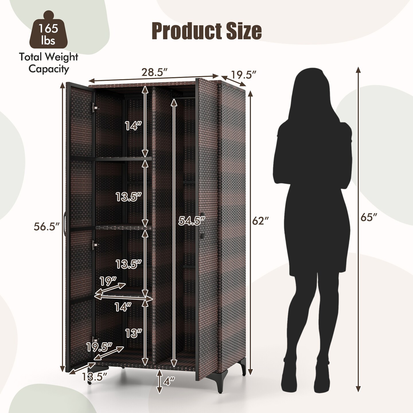 62 Inch Wicker Wardrobe with 2 Doors PE Rattan Closet with Hanging Rod - 28.5&#x22; x 19.5&#x22; x 62&#x22; (L x W x H)