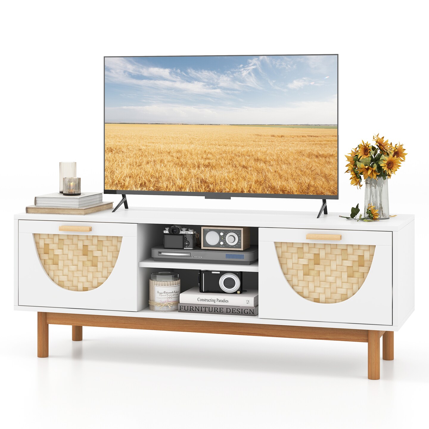 Mid Century Modern TV Stand Entertainment Center for 55-Inch TV with 2 Drawers and Wicker Woven Fronts-White