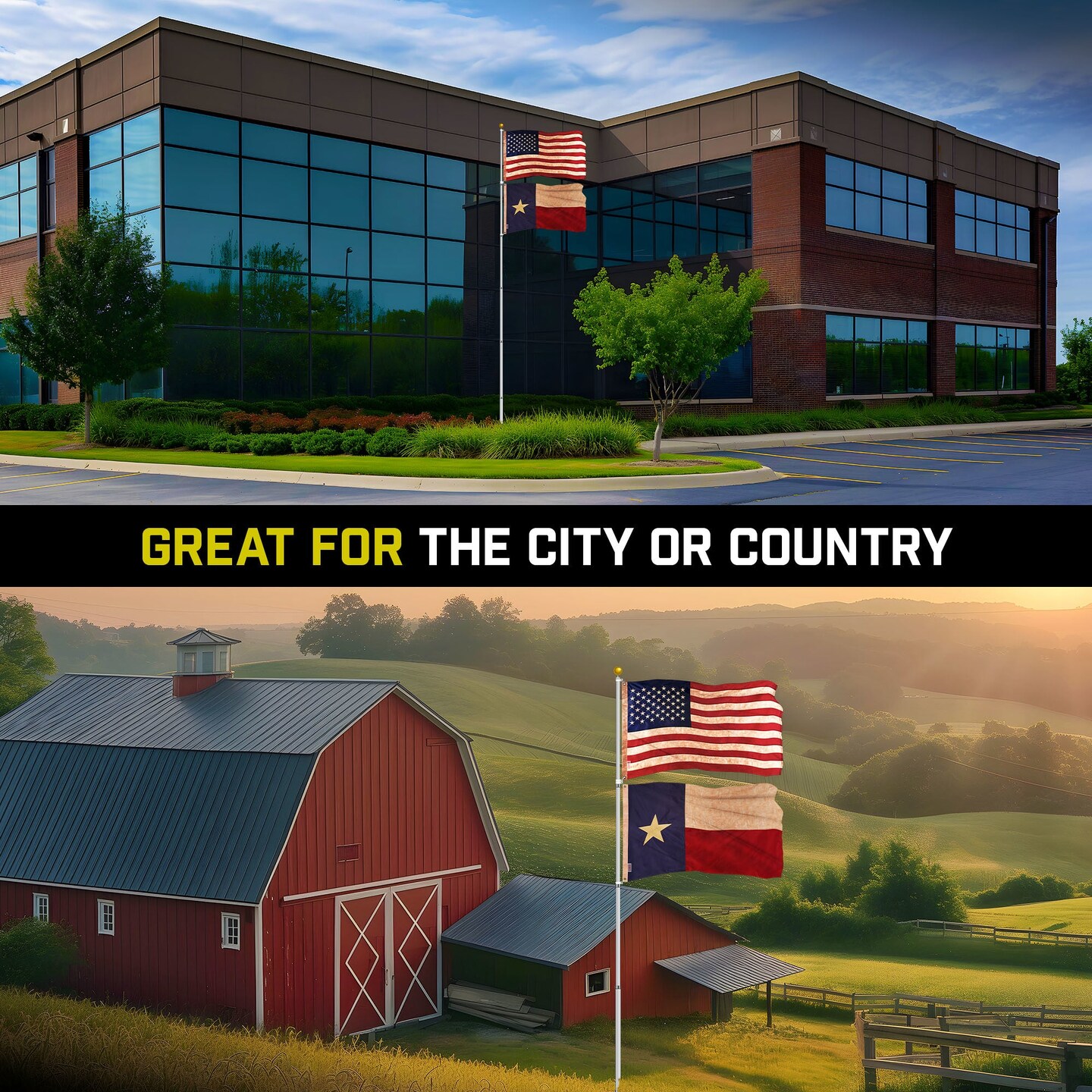 G128 Combo Pack: 20 Ft Telescoping Aluminum Flagpole (Silver) &#x26; American and Texas Tea Stained Flags 3x5 Ft, Both ToughWeave Series Embroidered Polyester | Pole with Flags Included