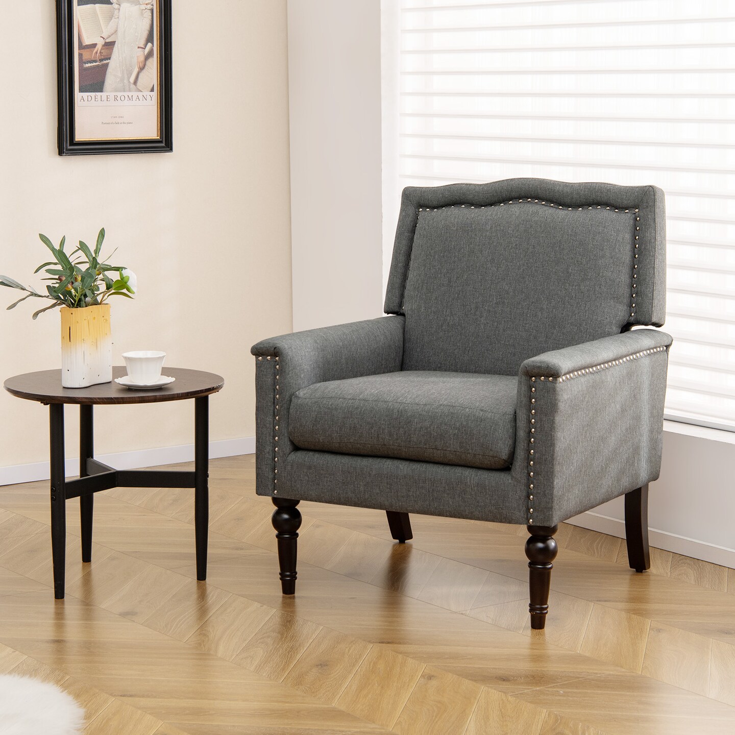 Mid-century Modern Armchair Linen Fabric Upholstered Accent Chair with Cushion