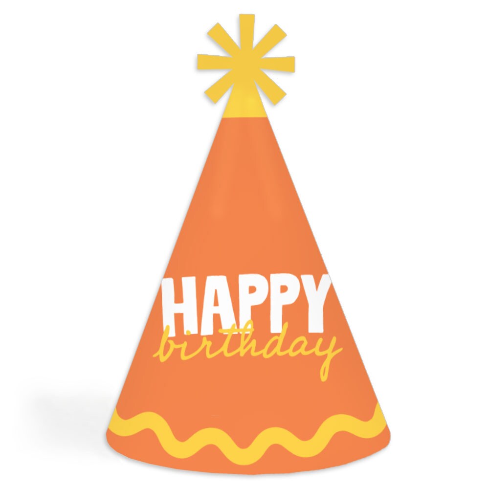 Big Dot of Happiness Orange and Yellow Wavy Happy Birthday Cone Party Hats, Retro Party Decorations, Birthday Party Hats for Kids & Adults - Set of 8
