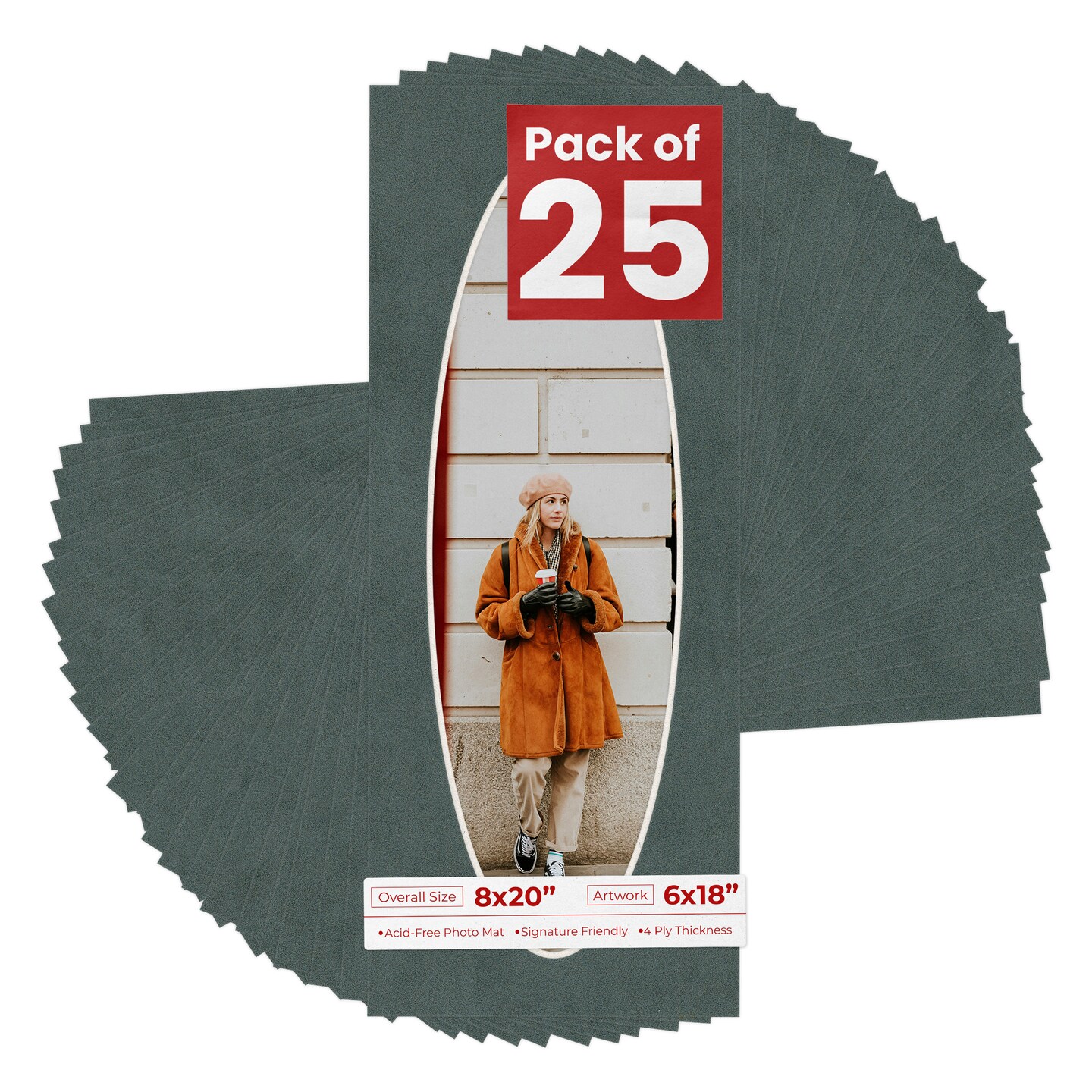 Dark Grey Suede Mat Board for 8x20 Frames - Oval Opening for 6x18 Photos