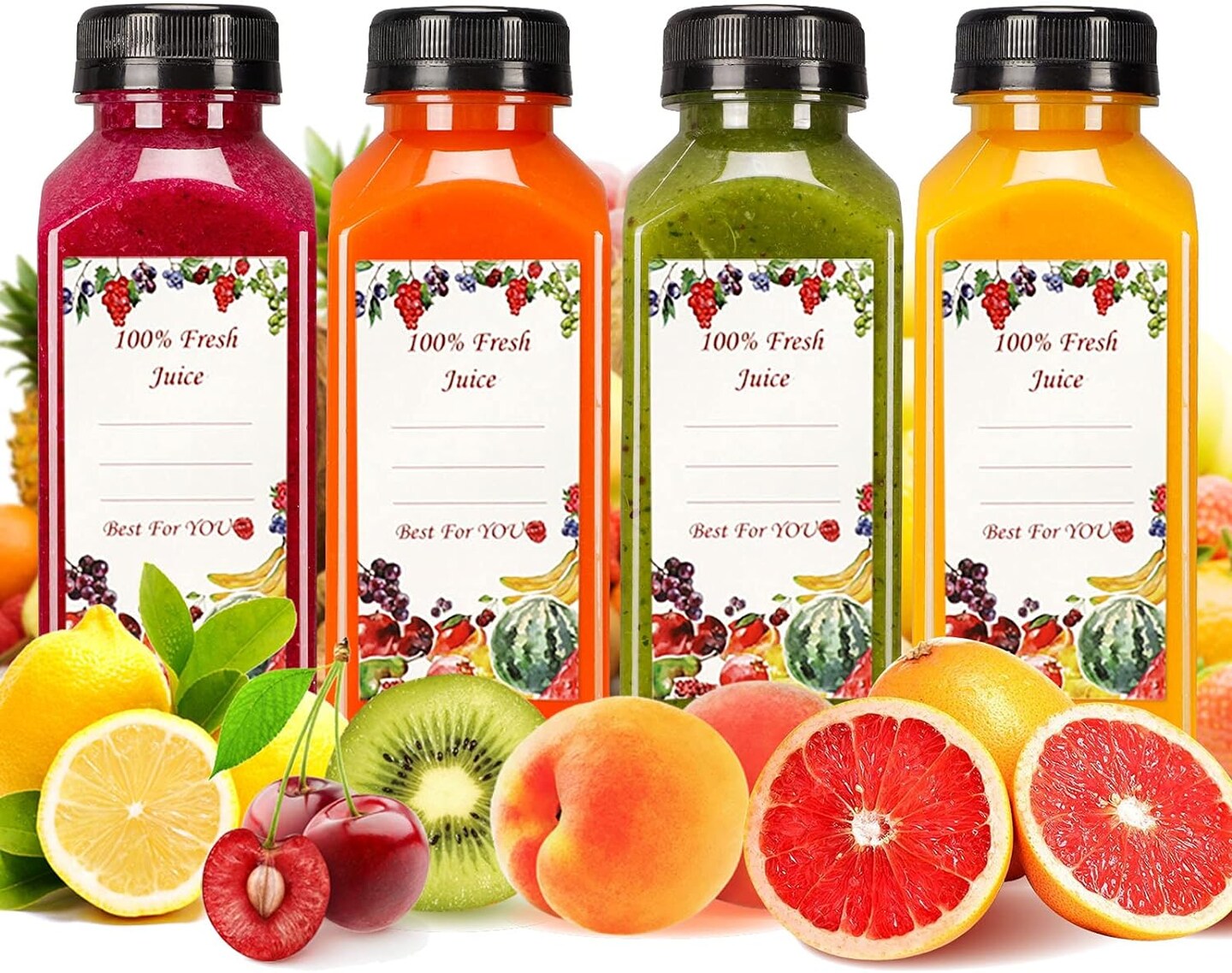 20pcs 12oz Plastic Juice Bottles with Caps, Reusable Juicing Bottles (Clear, Black)