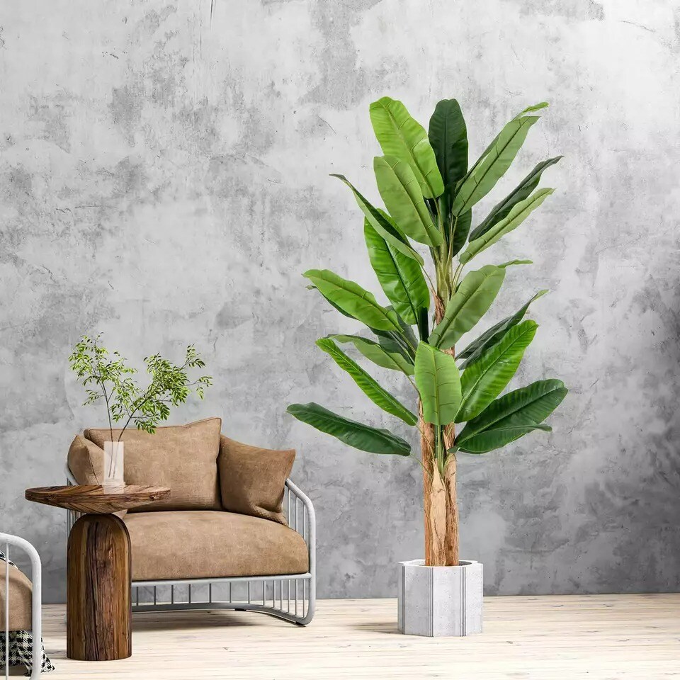 6.5' Tall Artificial Banana Tree w/ 27 Large Leaves Triple Stalks Natural Bark