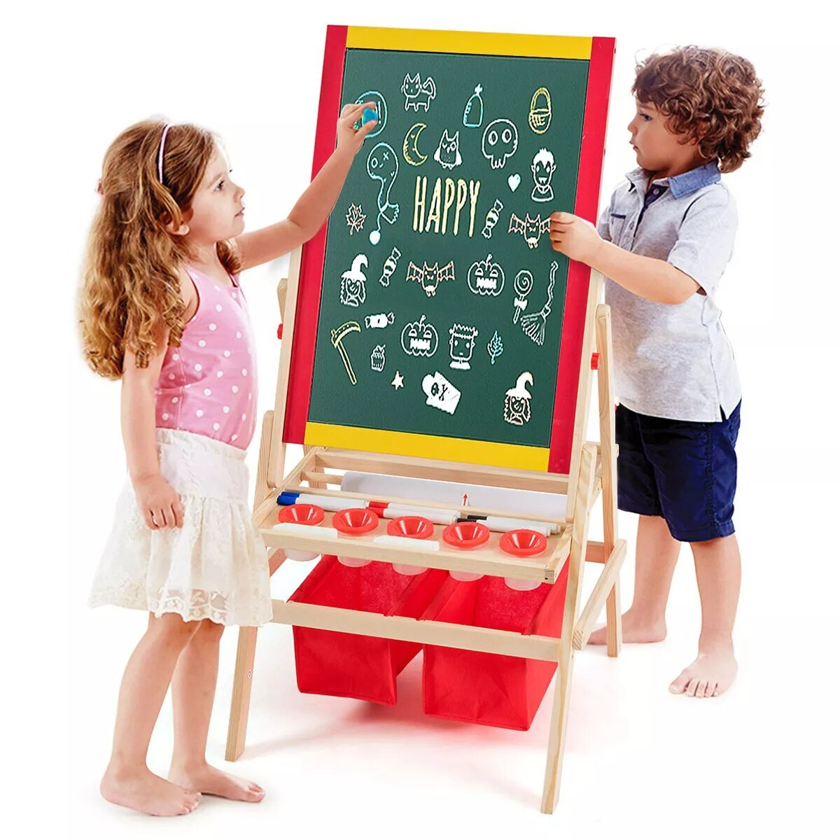 Kids Art Stand Wood Whiteboard Chalkboard w/ Paper Roll &#x26;Full Set of Accessories