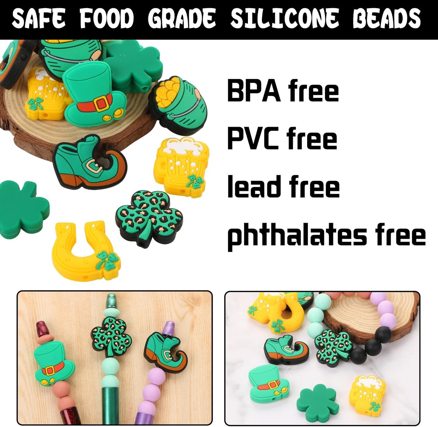 Silicone Focal Beads Kit, 14 Pcs St. Patrick's Day Theme, Assorted Shapes, Silicone Beads Bulk for Jewelry Making