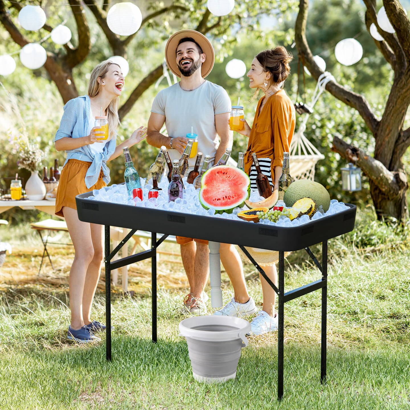Costway 4 Foot Party Ice Cooler Folding Table Plastic with Matching Skirt Black/White