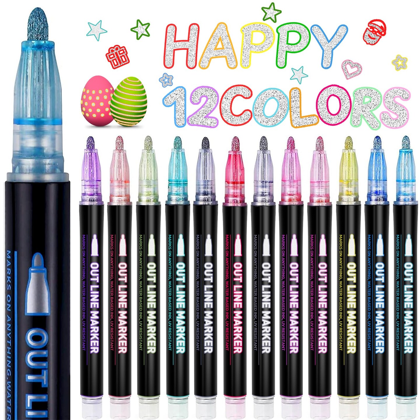 12 Coloring Markers Shimmer Glitter Markers Outline Pens for Drawing Art School Supplies, Easter Basket Stuffers for Teen Girl Gifts Trendy Stuff, Art Crafts Gifts for 4-13 Year Old Girls