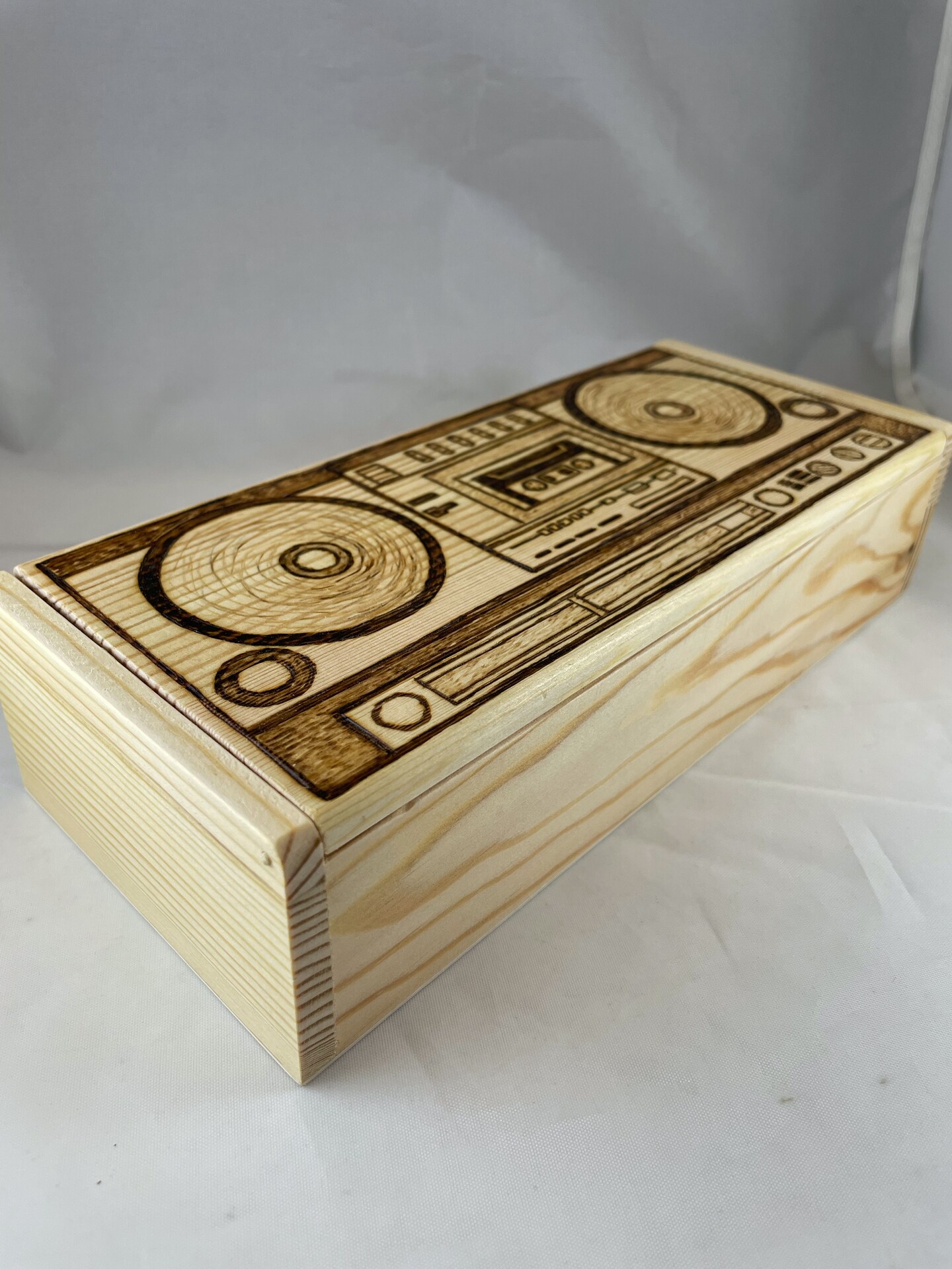 Vintage Boombox Wood Burned Large Pencil Box, Pyrography, Hinge