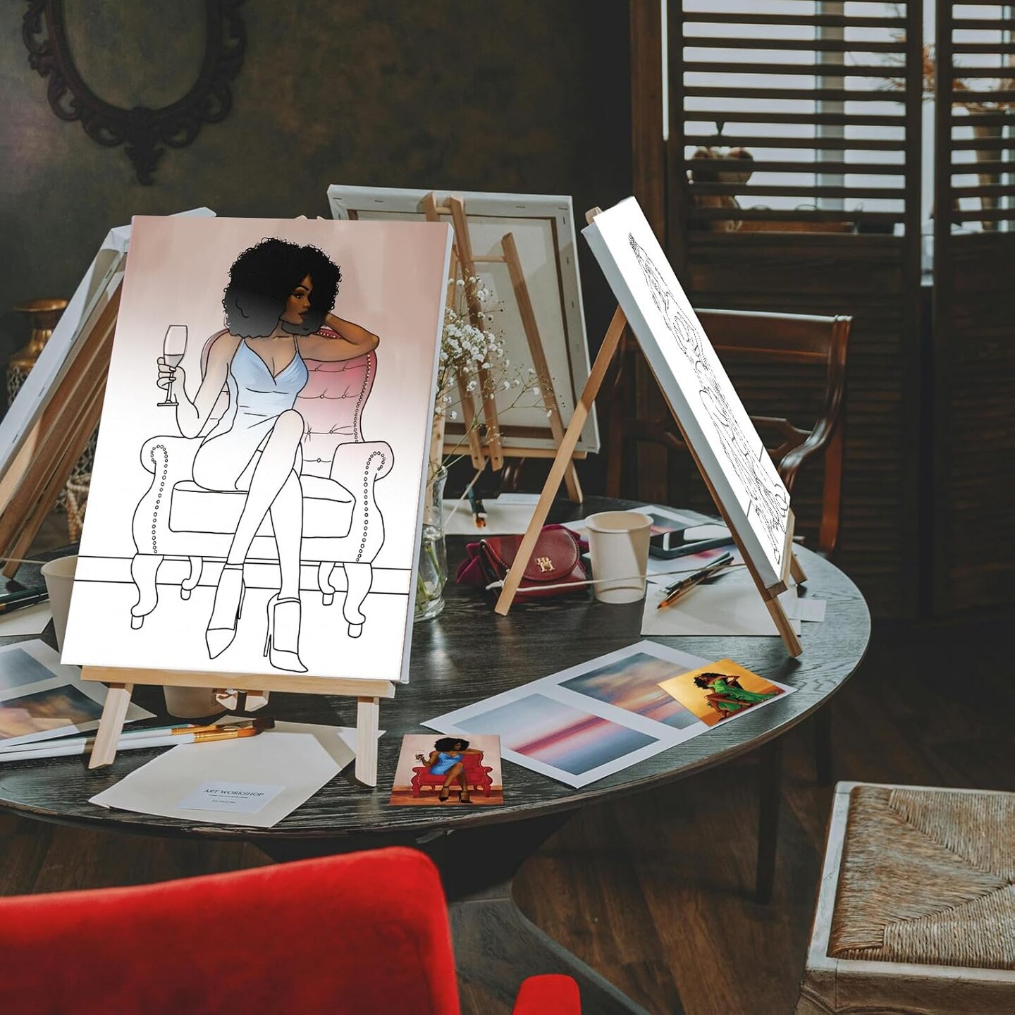 12 Pcs Pre Drawn Canvas for Painting for Adults Sip and Paint Party Kit Pre Printed Canvas Bulk for DIY Art Party Favors Adult's Date Night(Stylish Lady,8 x 10 Inch)