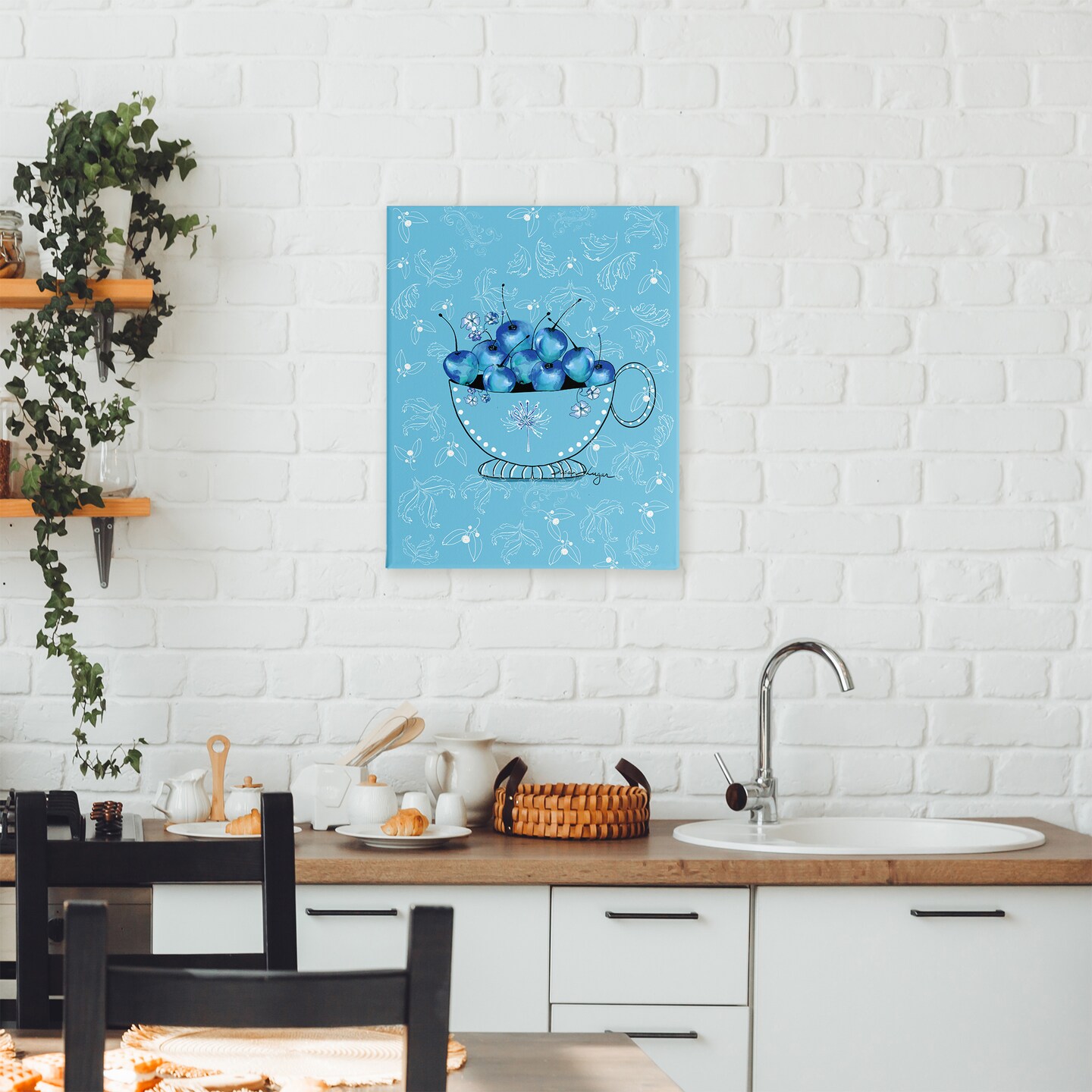 Stupell Industries Blue Cherries Teacup on Florals Canvas, design by Susan Lugar