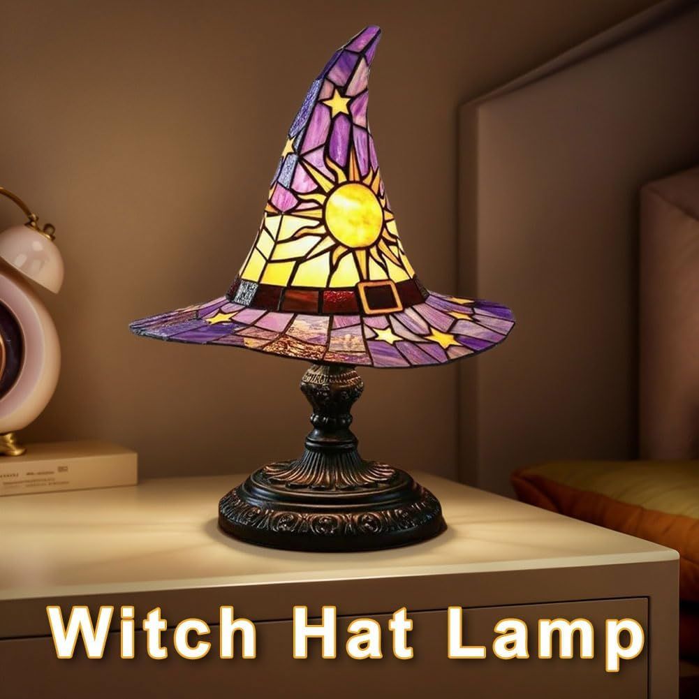 Witch Hat Lamps, Handcrafted Stained Glass Resin Wizard Hat Light Gothic Table Lamp for Halloween Decor, Spooky Night Light for Bedroom and Indoor Parties, Unique Wiccan Gift