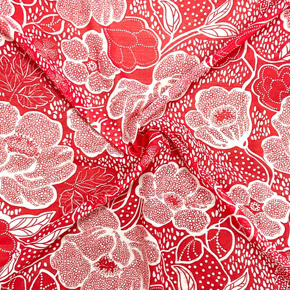 Red-White Poly Floral Printed Chiffon Woven Fabric By the Yard