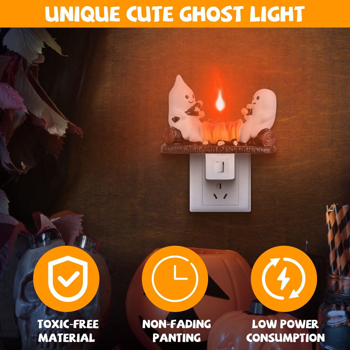 2Pcs Ghost Campfire Flickering Flame Night Light Indoor 3D Funny Halloween Nightlight Decoration Bedroom Night Light Halloween Decoration Gift For Friends Family