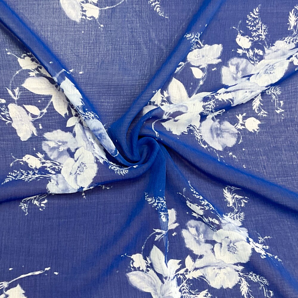Blue-White Poly Floral Printed Chiffon Woven Fabric By the Yard