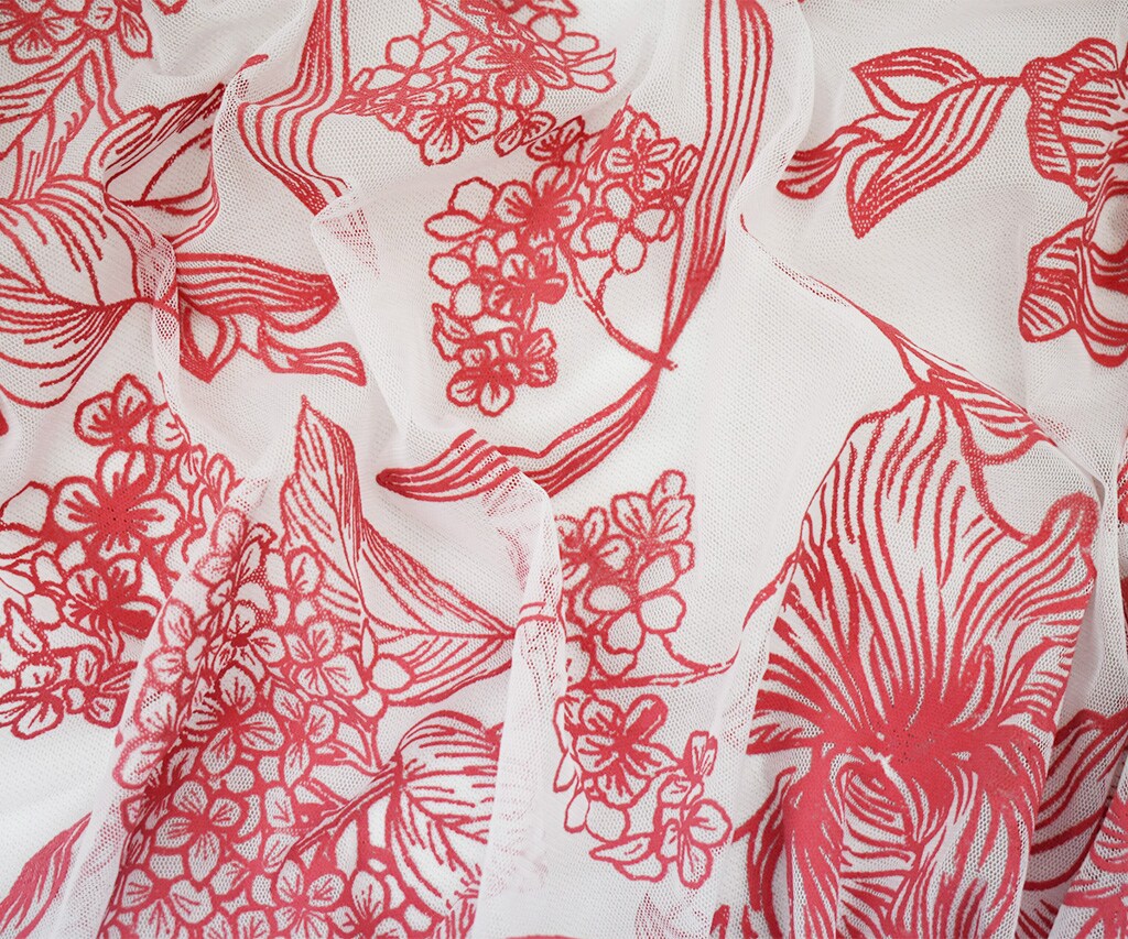 White-Red Nylon Floral Printed Tulle Mesh Knit Fabric By the Yard