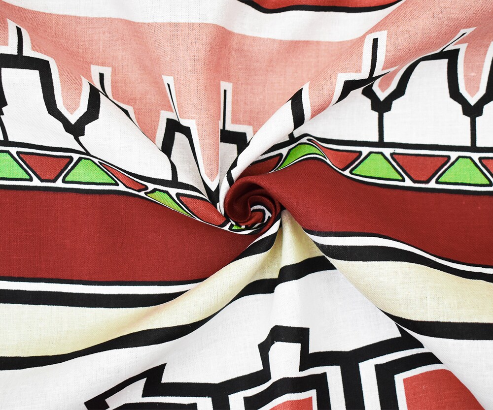 Red-Green-Multi Abstract Aztec Stripe Pattern Printed Linen Woven Fabric By the Yard
