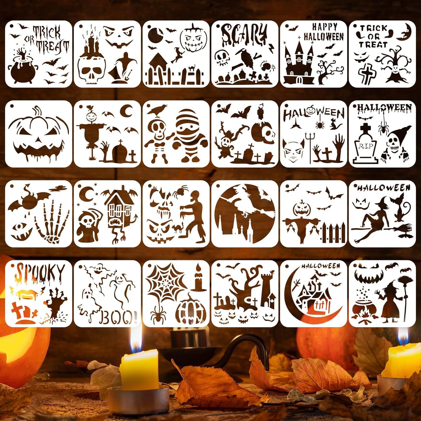 24 PCS Halloween Stencils for Painting Reusable Pumpkin Ghost(24pcs Halloween)