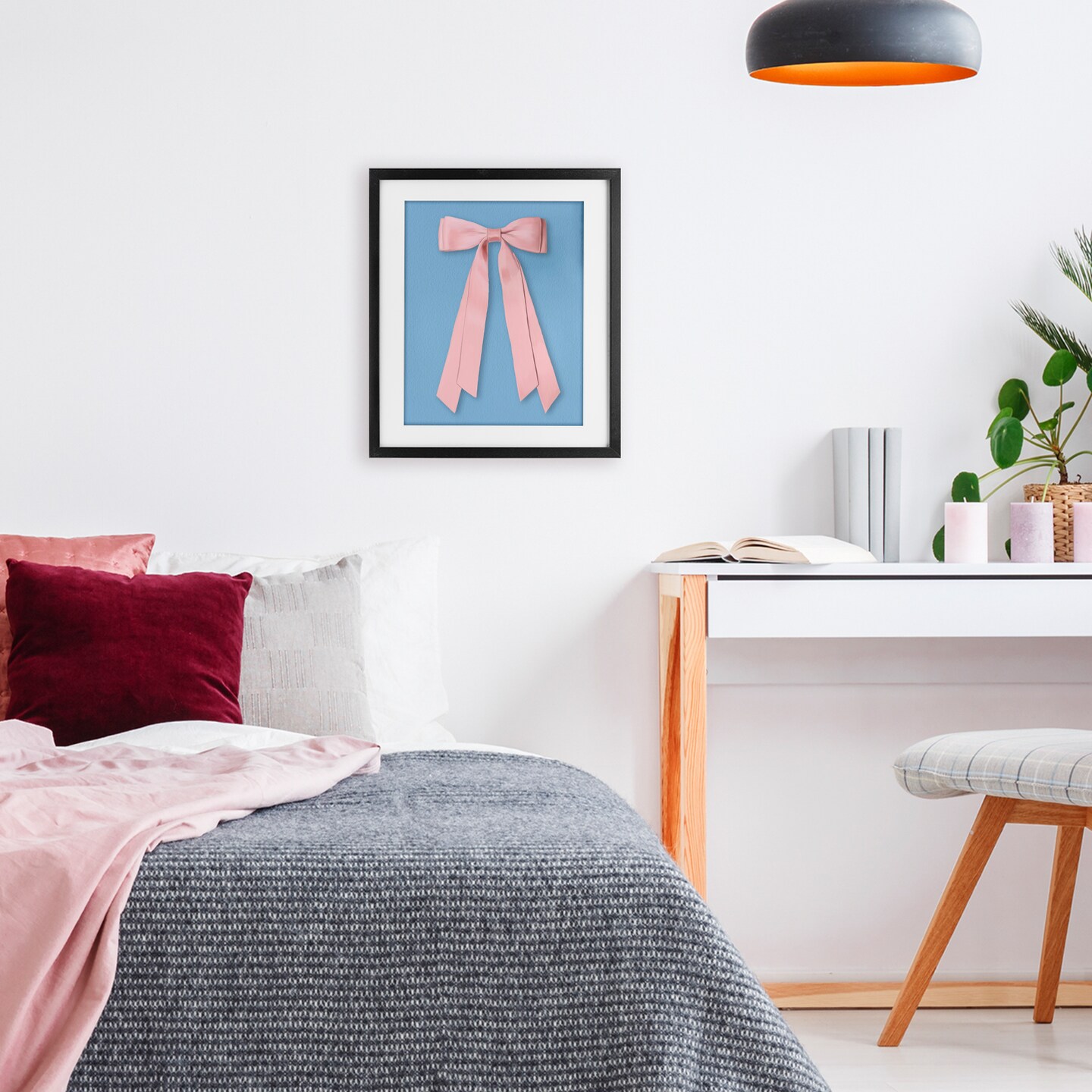 Stupell Industries Pink Satin Bow on Blue Framed Print Under Glass, design by Jilly Jack Designs