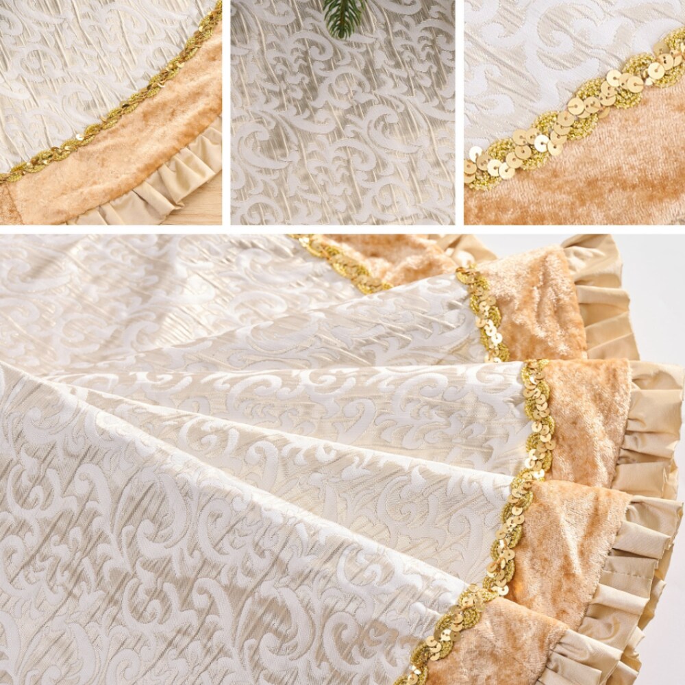 Luxury Gold and White Christmas Tree Skirt, 48-Inch Elegant Velvet & Brocade Holiday Tree Base Cover with Pleated Trim