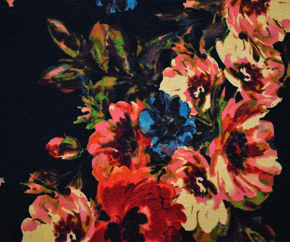 Black-Multi Poly Floral Print Stretch Spandex Onion Skin Jersey Knit Fabric By the Yard