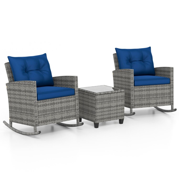 3-Piece Mix Brown Rattan Outdoor Rocking Chair Set with Navy Cushions and Tempered Glass Table